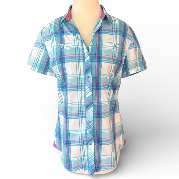 Kuhl Tops - KUHL Women’s Plaid Button Up Short Sleeve Hiking Shirt Blue White Purple Medium
